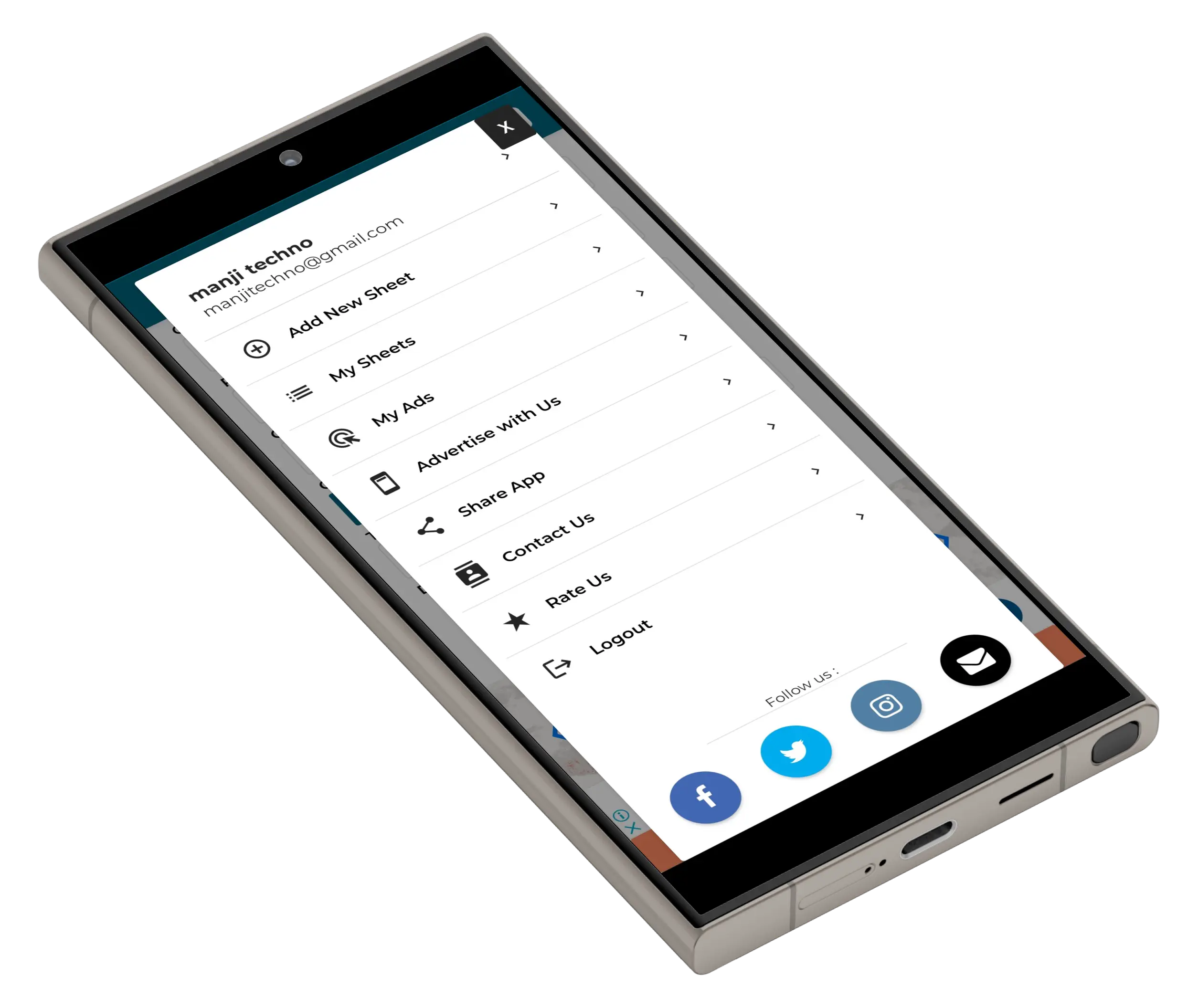 Granite marble measurement app menu screen